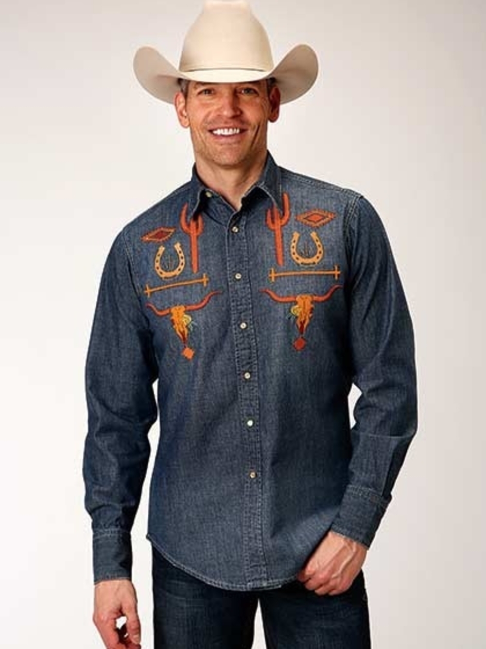 Men's Embroidered Western Shirt- Denim Southwest